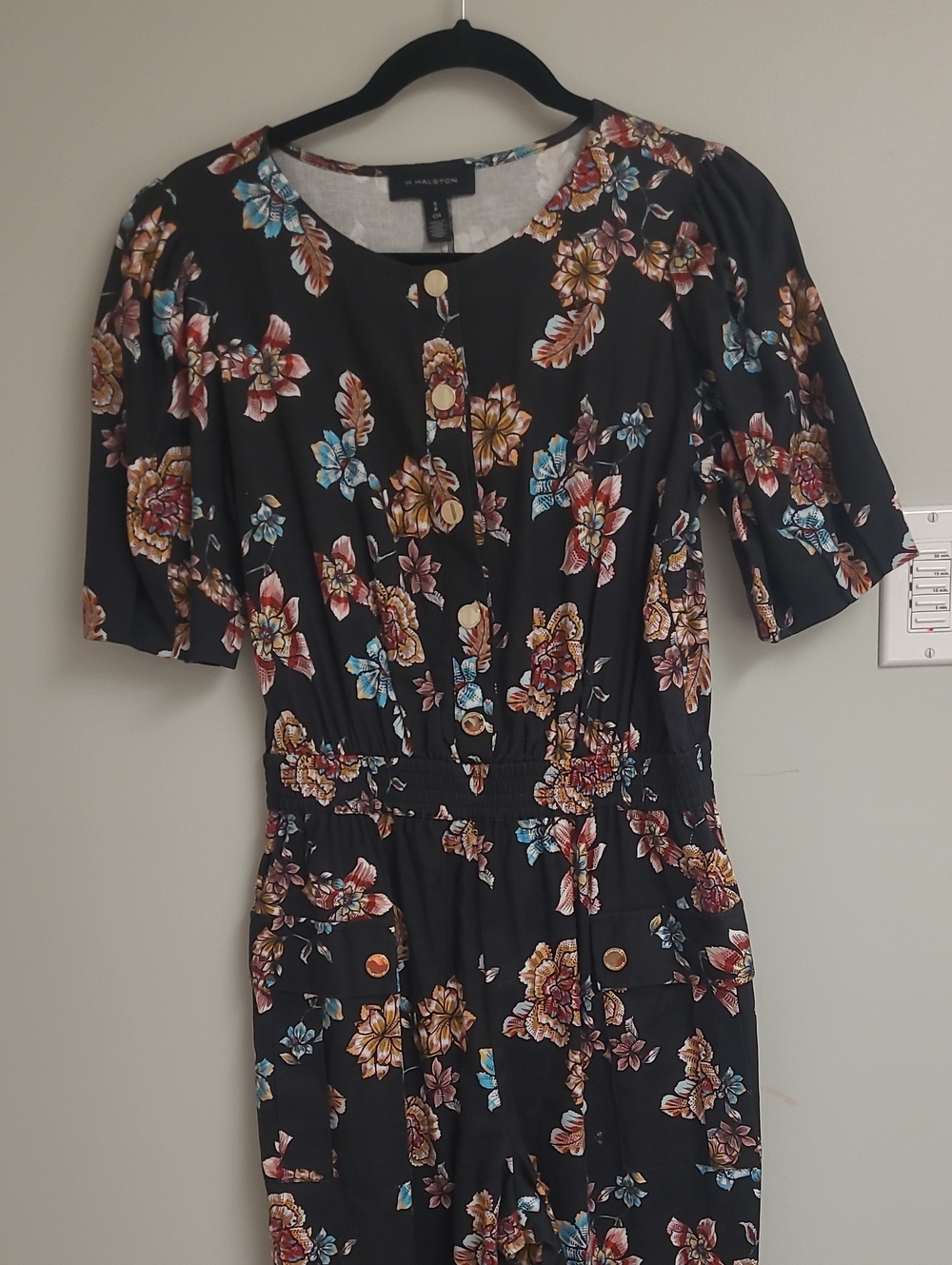 H by Halston Black Floral Jumpsuit with Button Front